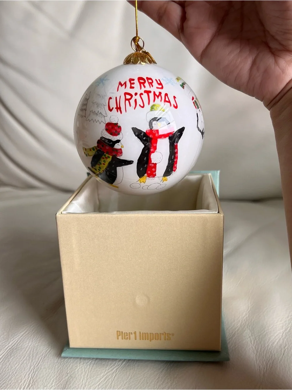 Pier 1 White Christmas Penguin Ornament with Original Box Handpainted 2019